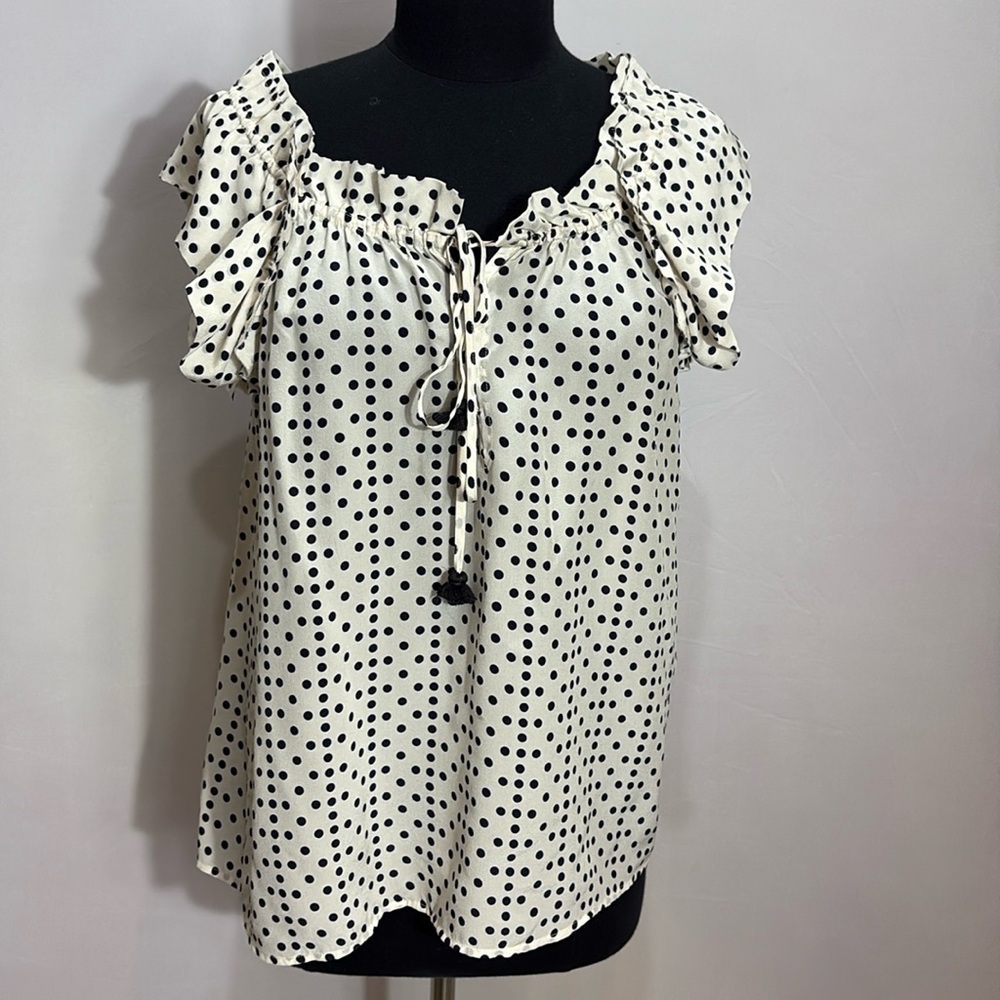 Figue Silk Blouse Cap Sleeve Ruffled Tassel Tie Neck On or Off Shoulder